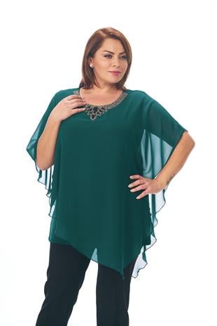 334 Büyük Beden Yaka Kendinden Taş Kolye Tül Detay Şifon Bluz