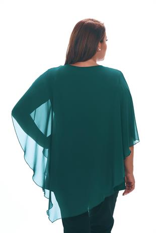 334 Büyük Beden Yaka Kendinden Taş Kolye Tül Detay Şifon Bluz