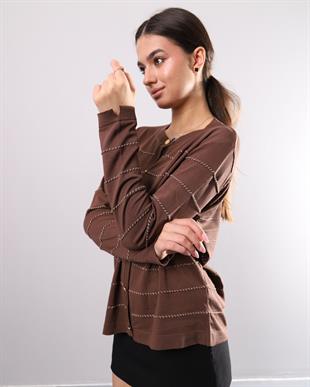 338 Özel Simli Enine Çizgi Çimalı Triko Hırka