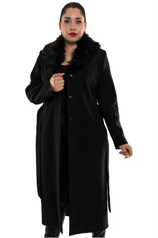 3397 Büyük Beden P.M Yakası Kürklü Kuşaklı Uzun Kaşe Kadın Kaban