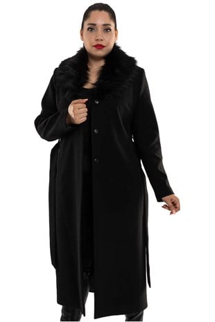 3397 Büyük Beden P.M Yakası Kürklü Kuşaklı Uzun Kaşe Kadın Kaban