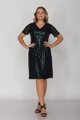 3422 Büyük Beden Kısa Kol Pulpayet Çiçek Nakışlı Kısa Elbise