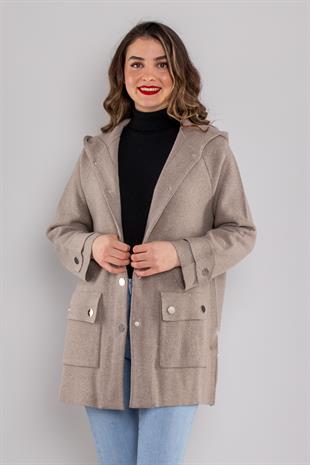 34244 Kapüşonlu Cepli Gold Düğme Yünlü Kadın Triko Ceket