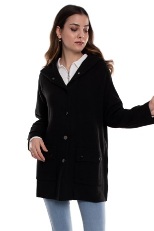 34244 Kapüşonlu Cepli Gold Düğme Yünlü Kadın Triko Ceket