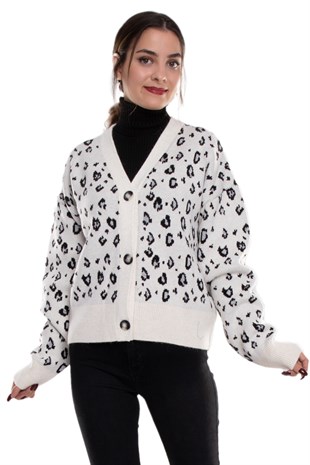 34290 Leopar Desenli Düğmeli Kadın Triko Hırka