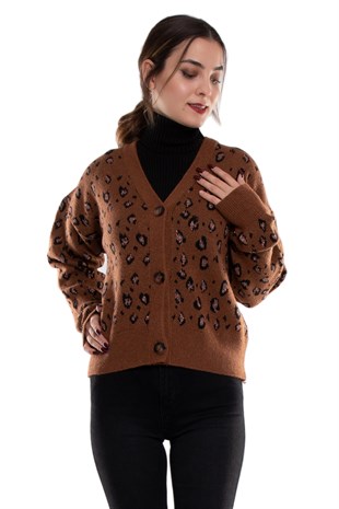 34290 Leopar Desenli Düğmeli Kadın Triko Hırka