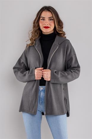 34404 Çelik Örgü Fermuarlı Kapüşonlu Triko Ceket