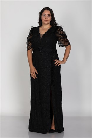 3442 Büyük Beden Kemerli Suyolu Sim Nakışlı Yırtmaçlı Tüllü Karpuz Kol Uzun Elbise