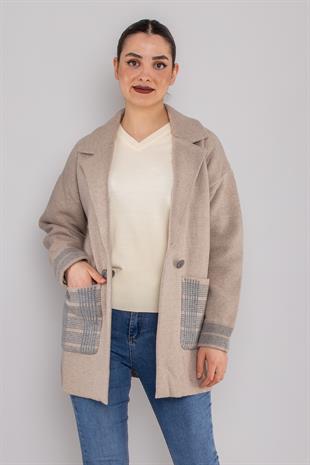 34432 Ekose Detaylı Kruvaze Yaka Triko Ceket