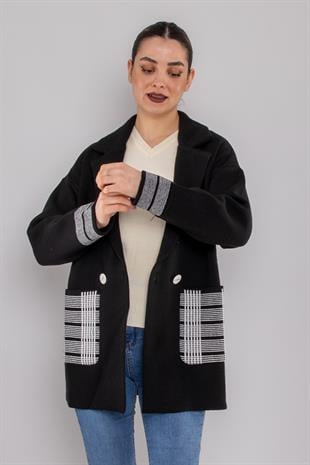 34432 Ekose Detaylı Kruvaze Yaka Triko Ceket