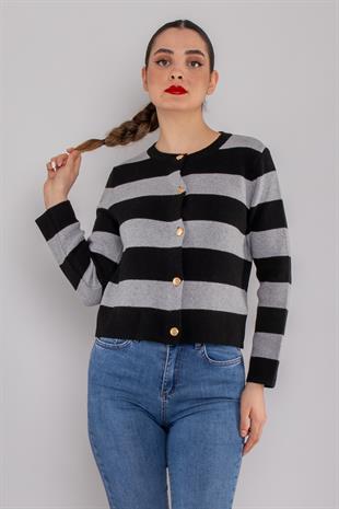 34439 Gold Düğmeli Çizgili Kısa Triko Hırka