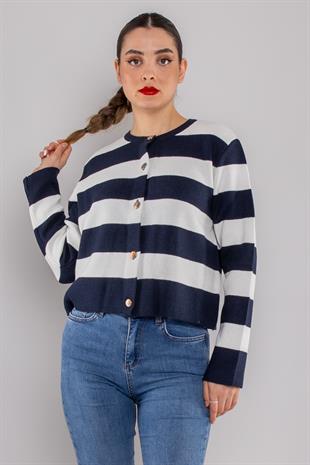 34439 Gold Düğmeli Çizgili Kısa Triko Hırka