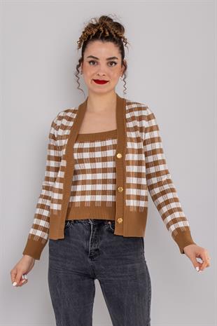 34447 Kare Desen Bluz Hırka Triko Takım