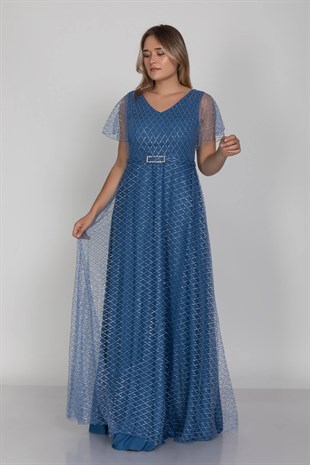 3447 Büyük Beden Mendil Kol Beli Kendinden Kemerli Yaldızlı Uzun Elbise