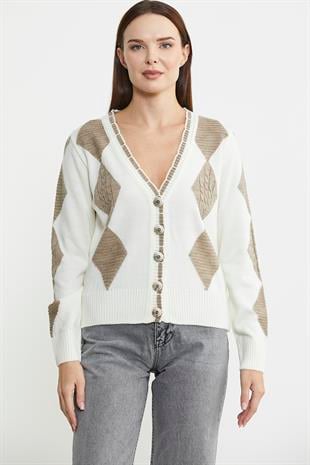 34474 Baklava Desenli Çift Renk Yünlü Triko Hırka