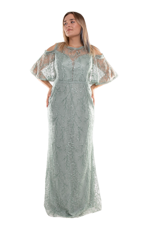 3448 Pulpayet Naklışlı Omuz Dekolte Mendil Kol Büyük Beden Balık Uzun Elbise