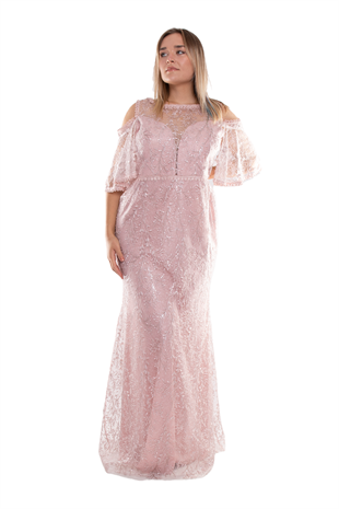 3448 Pulpayet Naklışlı Omuz Dekolte Mendil Kol Büyük Beden Balık Uzun Elbise