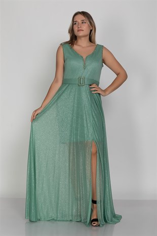 3494 Büyük Beden Kendinden Kemerli Patı Taşlı Sim Kumaş Uzun Elbise