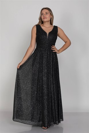 3494 Büyük Beden Kendinden Kemerli Patı Taşlı Sim Kumaş Uzun Elbise