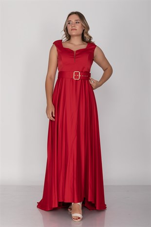 3502 Büyük Beden Sırtı İpli Beli Kemerli Saten Uzun Elbise