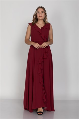 3507 Büyük Beden Fırfırlı Ön Arka Vyaka Çiçek Detaylı Krep Şifon Uzun Elbise