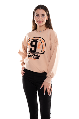 3656 İçi Şardonlu Baskılı Bisiklet Yaka Pamuk Sweat