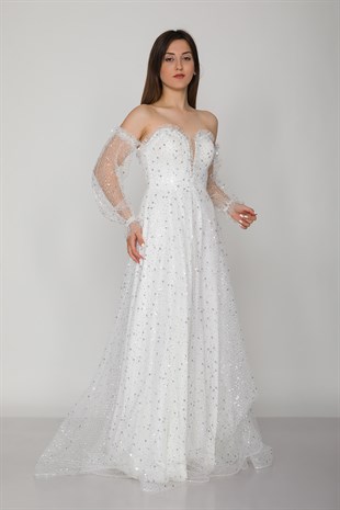 372 KB Öpücük Yaka Serpme Payet ve Simli Prenses Tül Uzun Elbise