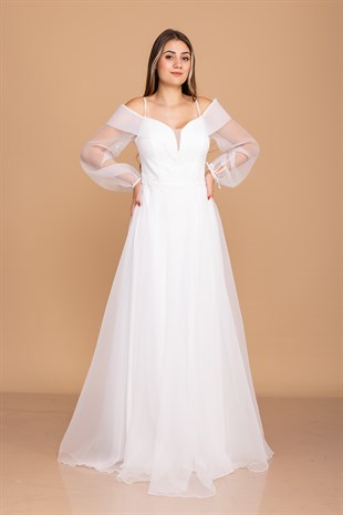 373 Madonna Yaka Beli Güpür Kemerli Tül Organze Uzun Nişanlık