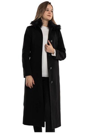 3741 Büyük Beden P.M Bebe Yaka Kürklü Düğmeli Kadın Kaban