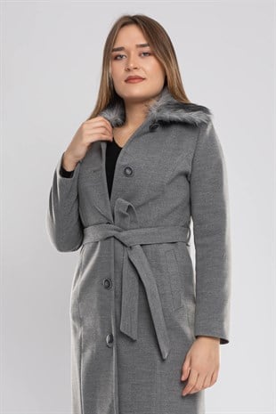 3741 Büyük Beden P.M Bebe Yaka Kürklü Düğmeli Kadın Kaban