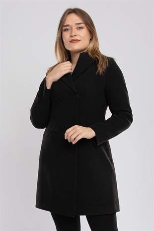 3769 Büyük Beden P.M Düğmeli Erkek Yaka Kadın Kaşe Kaban