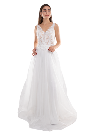 377 Göğüs Boncuklu Güpür İşleme Simli Tül Nişanlık