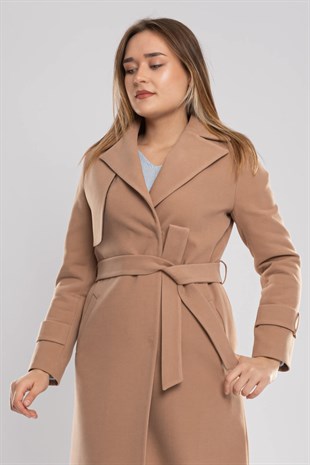 3771 Büyük Beden P.M Kuşaklı Omuz Kol Apoletli Çıtçıtlı Uzun Kadın Manto