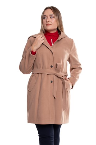 3777 Büyük Beden P.M Kuşaklı Kapşonlu Çıtçıtlı Kadın Kaşe Kaban