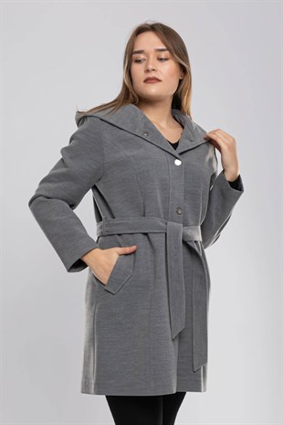 3777 Büyük Beden P.M Kuşaklı Kapşonlu Çıtçıtlı Kadın Kaşe Kaban