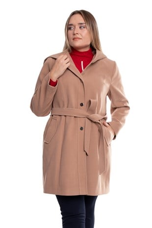 3777 Büyük Beden P.M Kuşaklı Kapşonlu Çıtçıtlı Kadın Kaşe Kaban