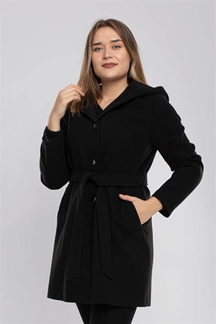 3777 Büyük Beden P.M Kuşaklı Kapşonlu Çıtçıtlı Kadın Kaşe Kaban