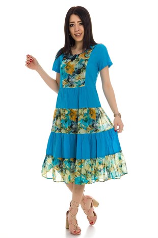 3790-1 BB Kısa Kol Eteği Katlı Desenli Pamuklu Otantik Elbise