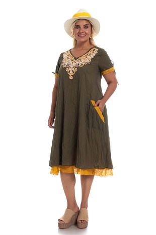 3806 BB Önü Nakış İşli Cepli Pamuk Otantik Elbise