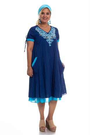 3806 BB Önü Nakış İşli Cepli Pamuk Otantik Elbise