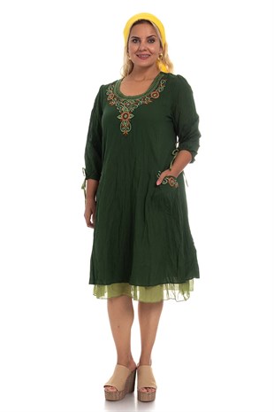 3814 Önü Nakışlı Truv.Kol Cepli Pamuk Otantik Elbise