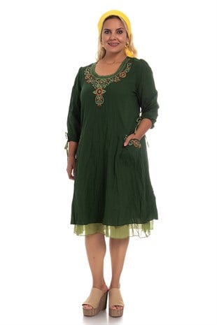 3814 Önü Nakışlı Truv.Kol Cepli Pamuk Otantik Elbise