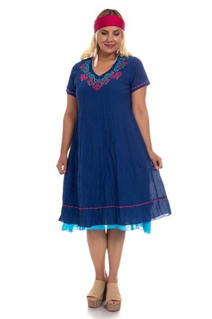 3832 Yaka Kanaviçe İşlemeli Pamuk Otantik Elbise