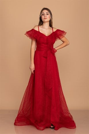 384 KB Yırtmaçlı İspanyol Yaka Simli Puntolu Uzun Tül Elbise