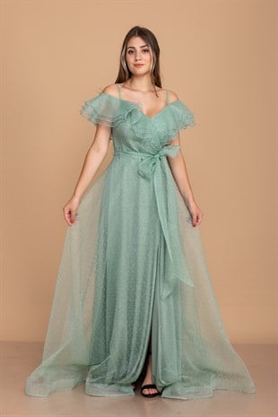 384 KB Yırtmaçlı İspanyol Yaka Simli Puntolu Uzun Tül Elbise