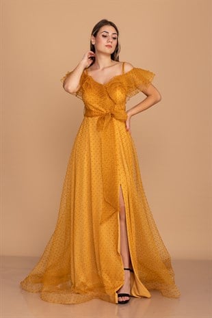 384 KB Yırtmaçlı İspanyol Yaka Simli Puntolu Uzun Tül Elbise