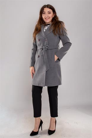 3844 P.M. Şalyaka Kapüşonlu Kuşaklı Midiboy Kadın Kaşe Kaban