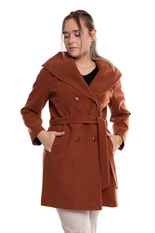 3844 P.M. Şalyaka Kapüşonlu Kuşaklı Midiboy Kadın Kaşe Kaban