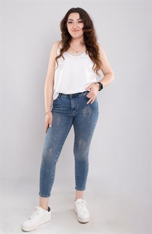 385 Büyük Beden Linda Kanat Nakış Serpme Taşlı Kadın Kot Pantolon