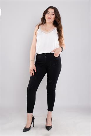 385 Büyük Beden Linda Kanat Nakış Serpme Taşlı Kadın Kot Pantolon